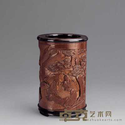 清中期 竹雕山水人物笔筒 15.8cm